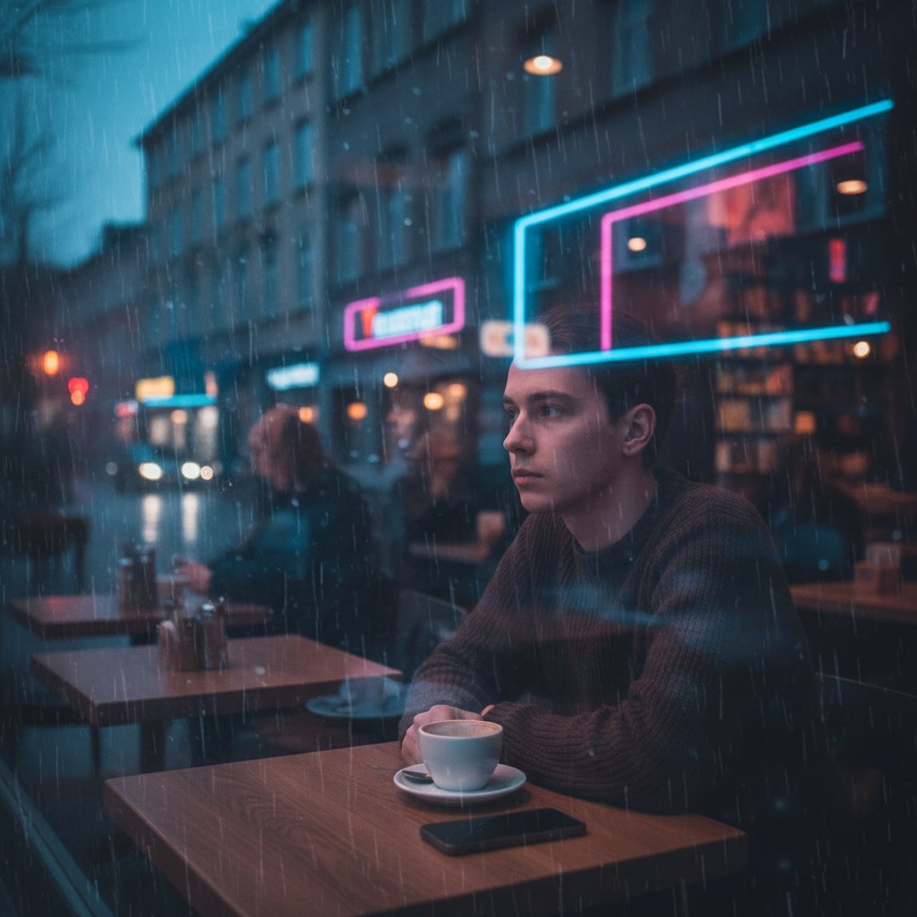 Młody Polak samotny w kawiarni za granicą, deszcz za oknem, klimat nostalgii