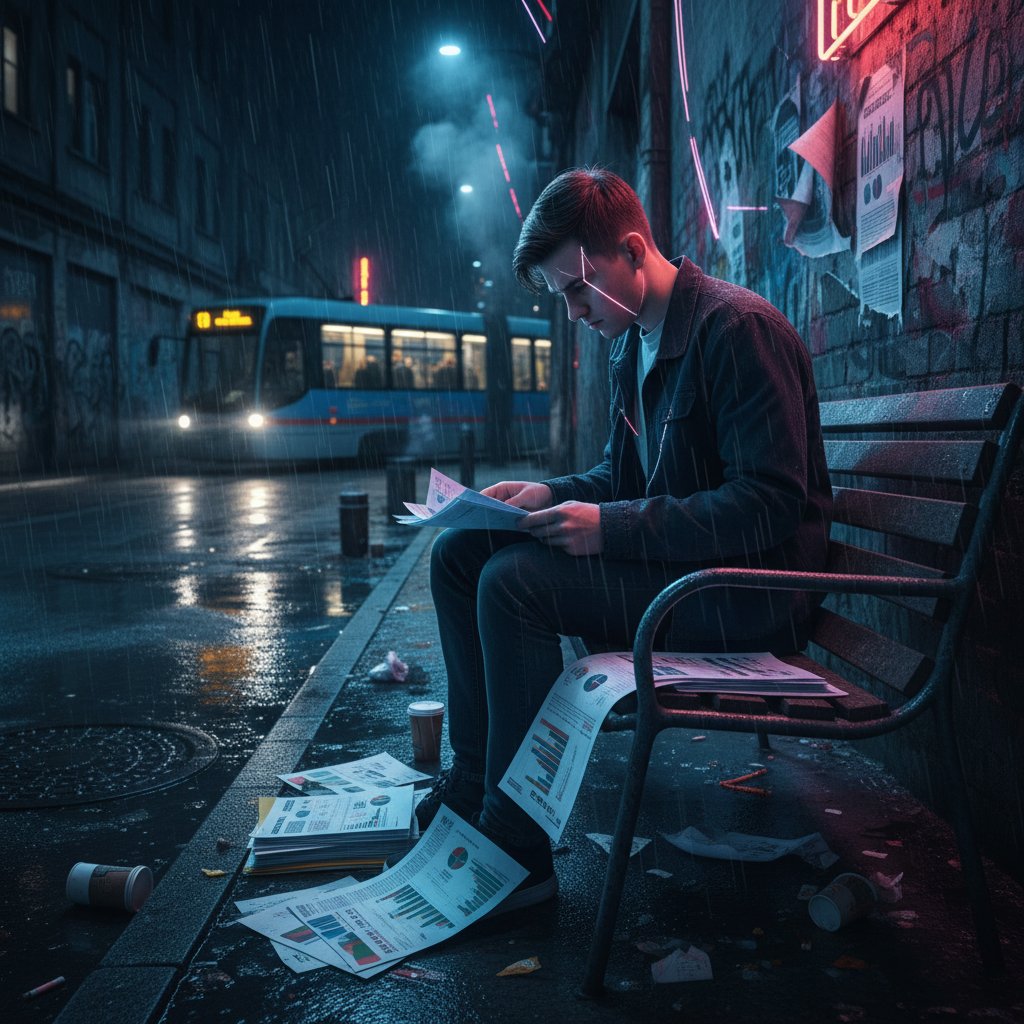 Młody Polak siedzący na ławce w mieście, otoczony dokumentami finansowymi i światłami, smutek i napięcie