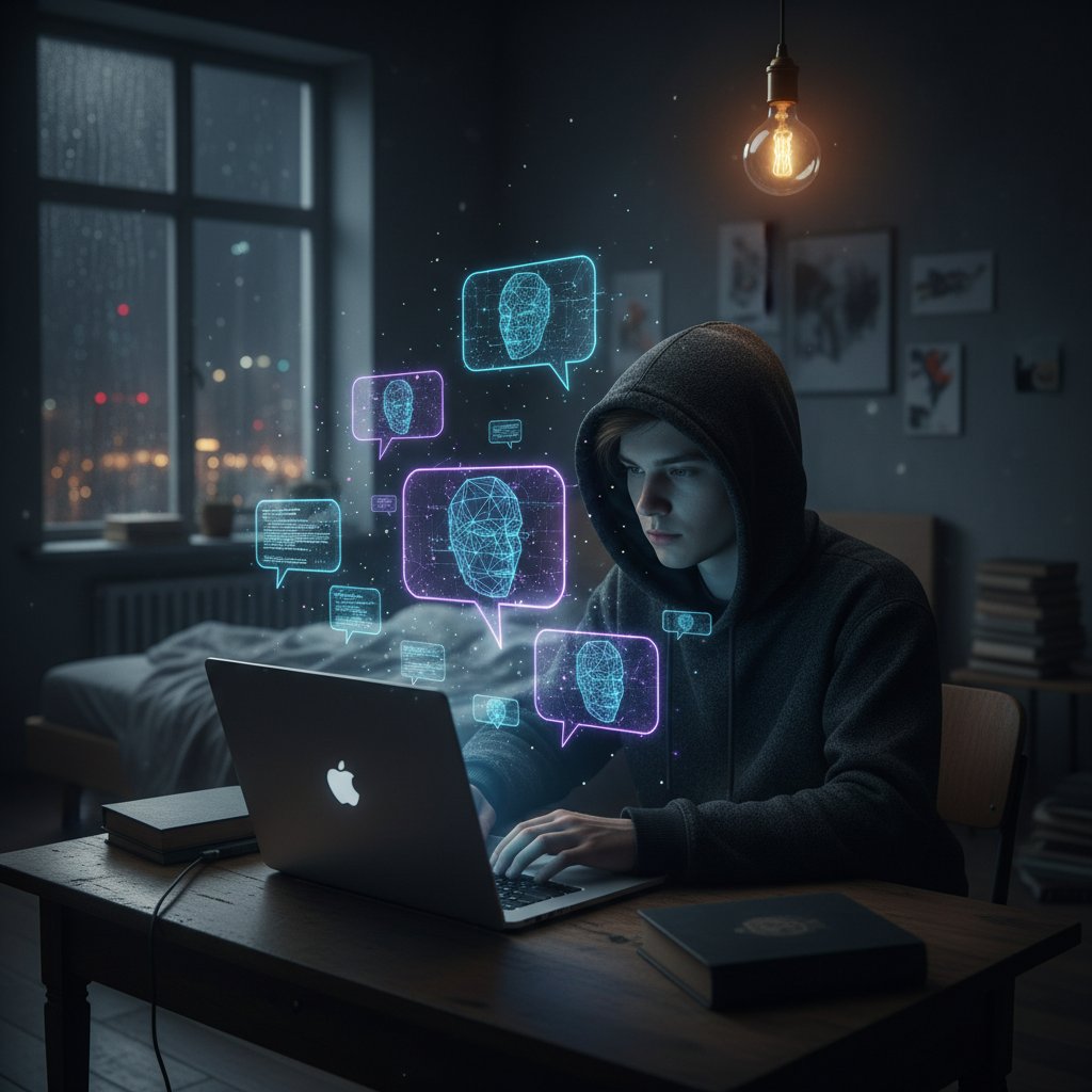 Młoda osoba w kapturze przy laptopie nocą, otoczona cyfrowymi maskami i bańkami czatu; klimat tajemnicy, kluczowe słowa kluczowe rozmowa online anonimowo