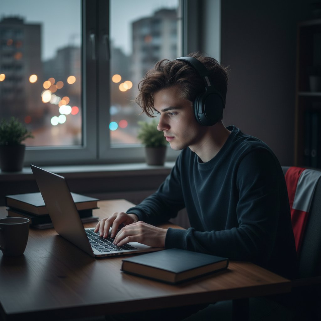 Młody Polak z laptopem i słuchawkami, otoczony cyfrowym chaosem, samotny ale z potencjałem