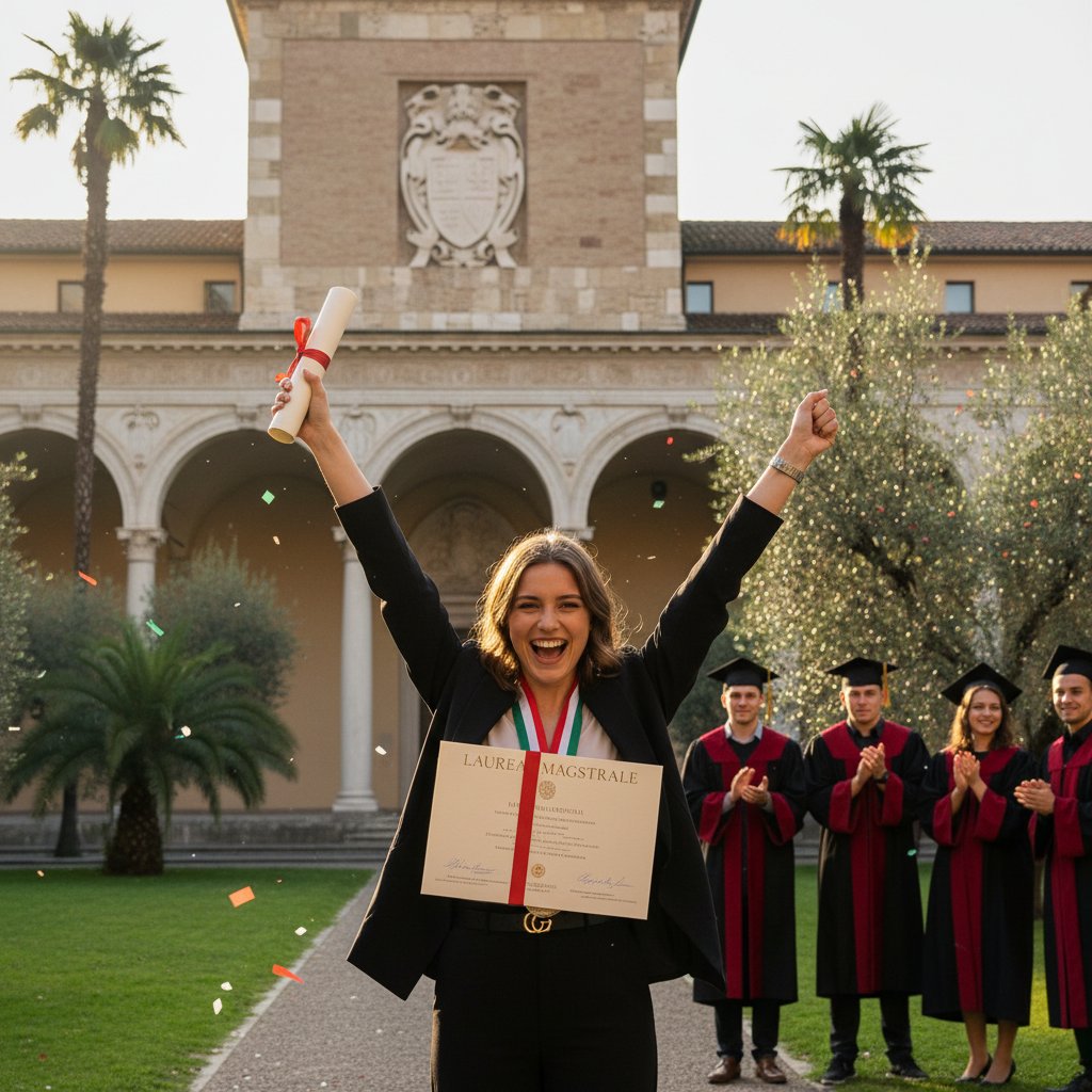 Młoda osoba z polskim certyfikatem włoskiego na tle włoskiego kampusu – sukces, radość, motywacja