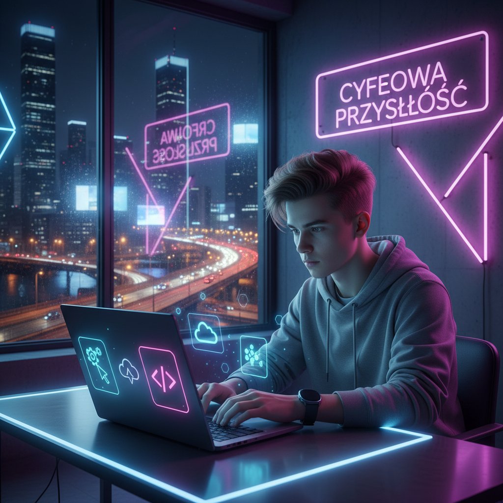 Młoda osoba w Polsce przy laptopie, neonowe światło, cyfrowe ikony kariery, wieczorne miasto w tle