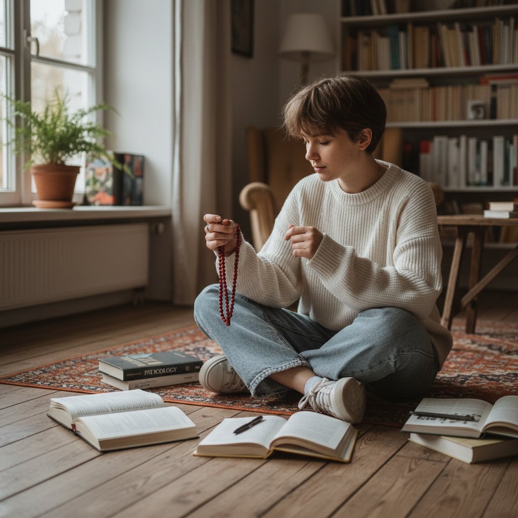 Młody Polak w nowoczesnym ubraniu medytuje na drewnianej podłodze, otoczony książkami i koralikami buddyjskimi – symbolika spotkania Wschodu z Zachodem