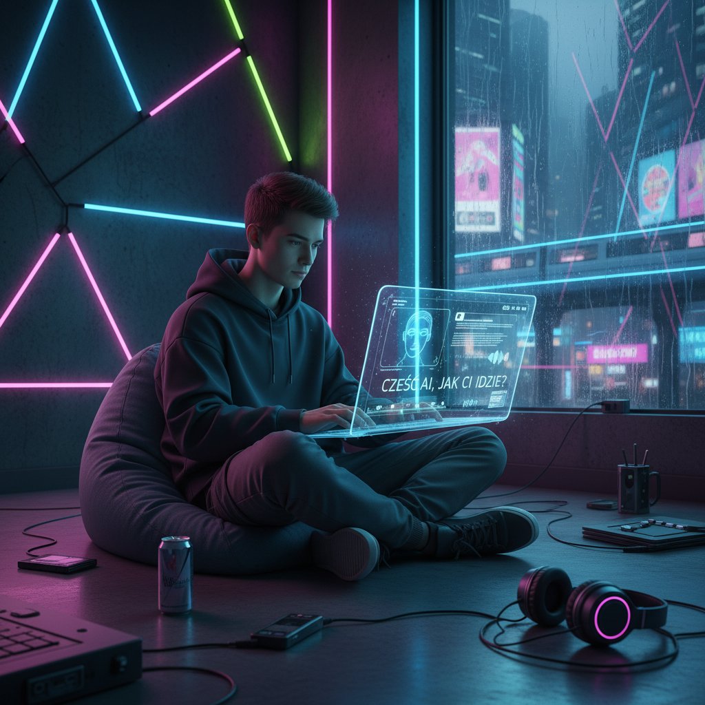Młoda osoba w neonowym pokoju rozmawia z AI na laptopie, motyw luźnego kumpla online i polskiej cyfrowej kultury