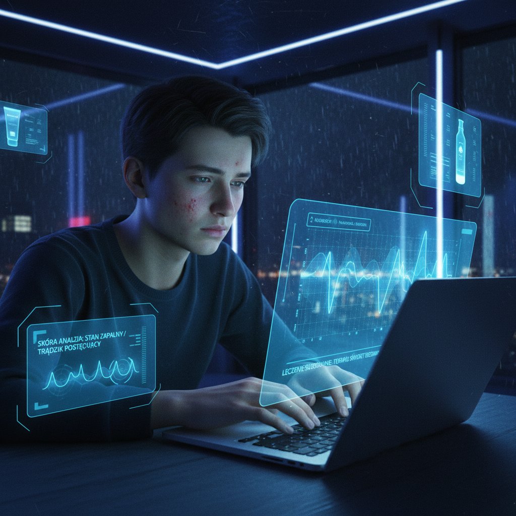 Osoba patrząca na ekran laptopa w nocy, z widocznymi objawami na skórze – temat: wirtualna pomoc w leczeniu chorób skóry, niepokój i nadzieja