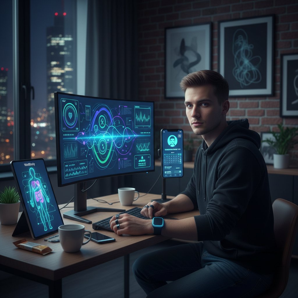 Młoda osoba analizująca zdrowie nocą przed komputerem, kluczowe narzędzia online