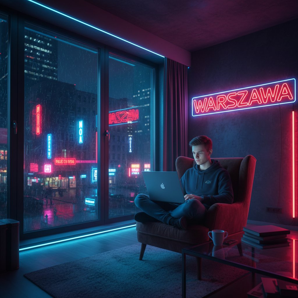 Nocna rozmowa online, młody Polak przed laptopem, neonowe światło, klimat miasta