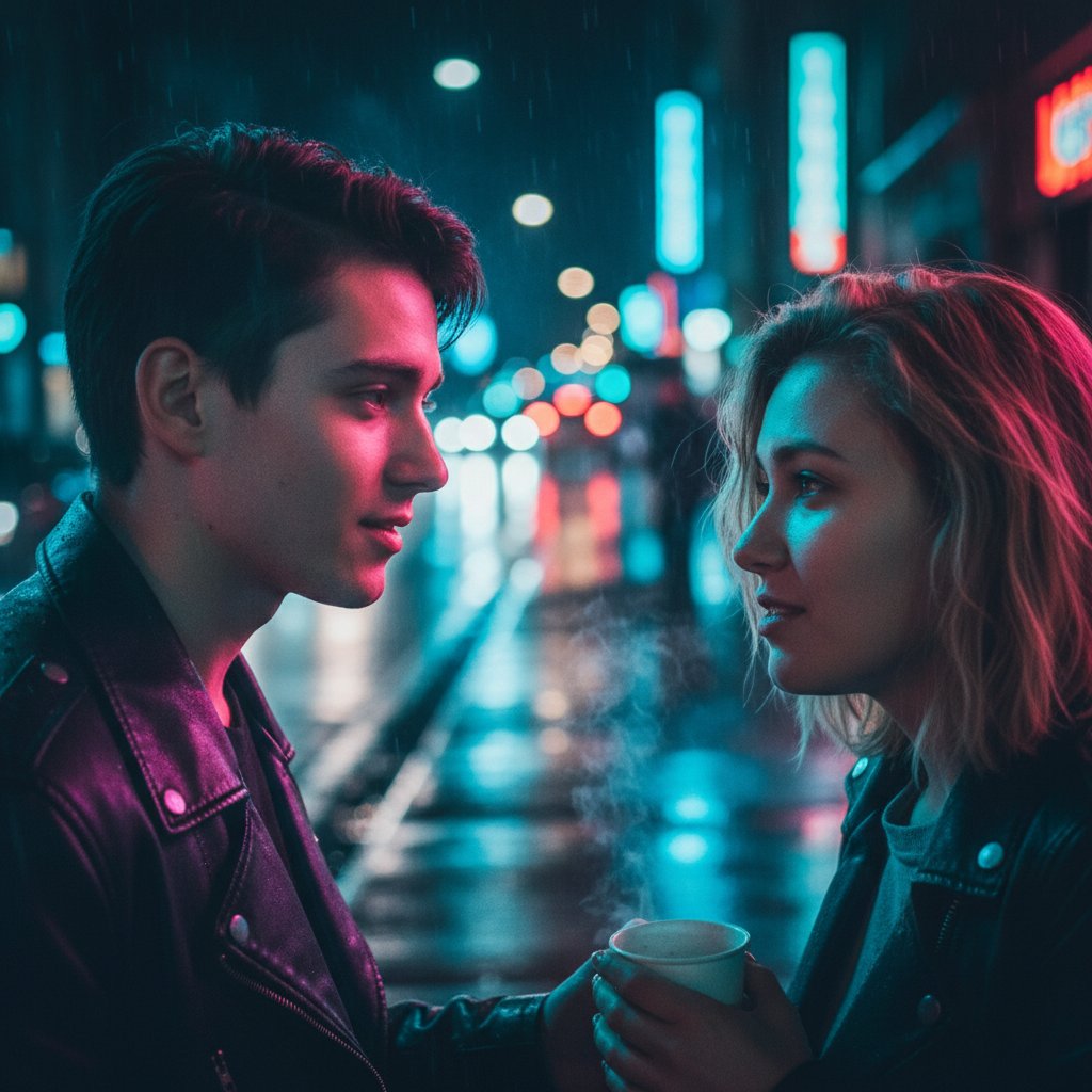 Młoda osoba nocą przy oknie, rozmawiająca przez telefon z wirtualnym przyjacielem, światło neonów, klimat intymności i lekkiej melancholii