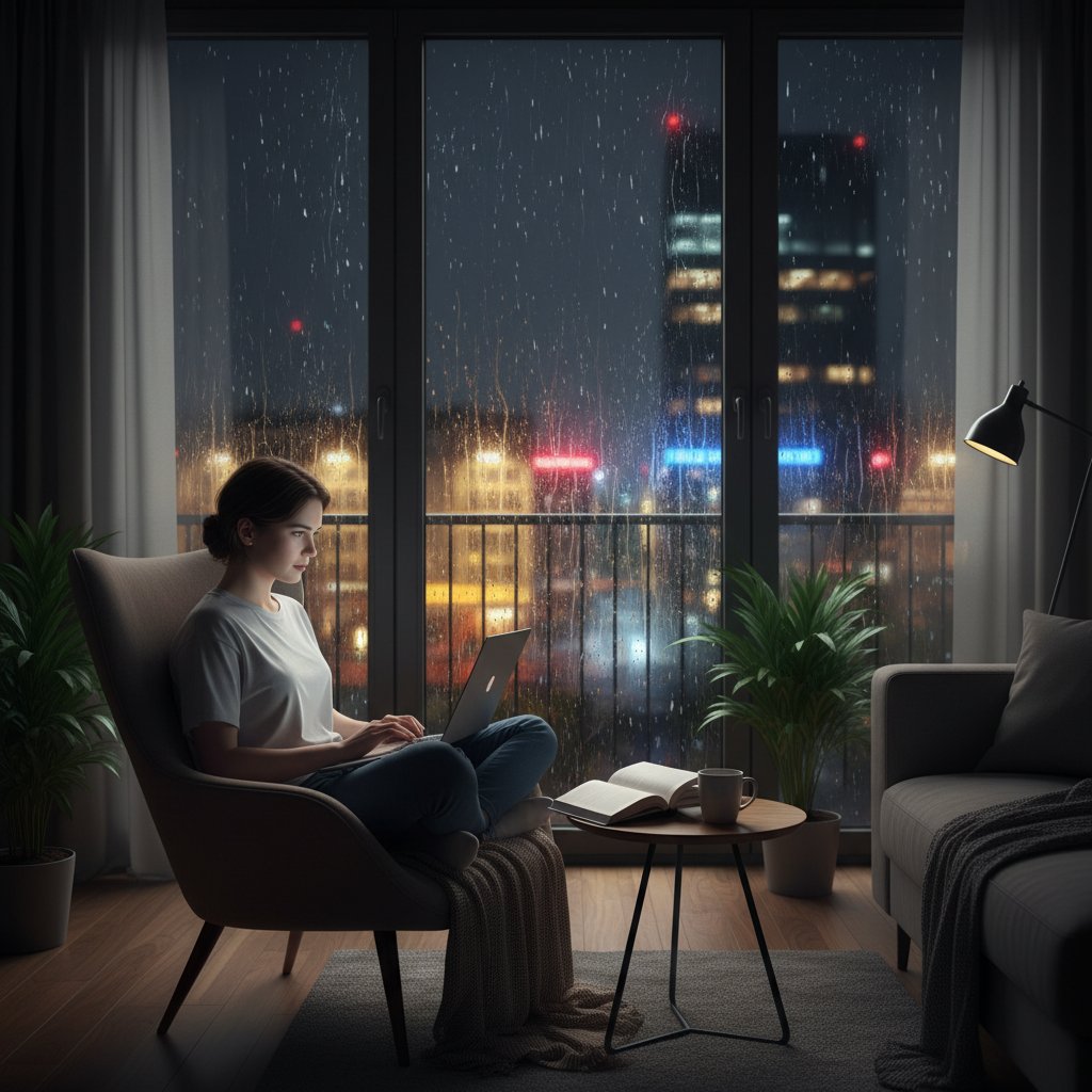 Młody człowiek przy komputerze w nocnym mieszkaniu, światło laptopa odbija się w szybie z kroplami deszczu, klimat intymny i nieco melancholijny