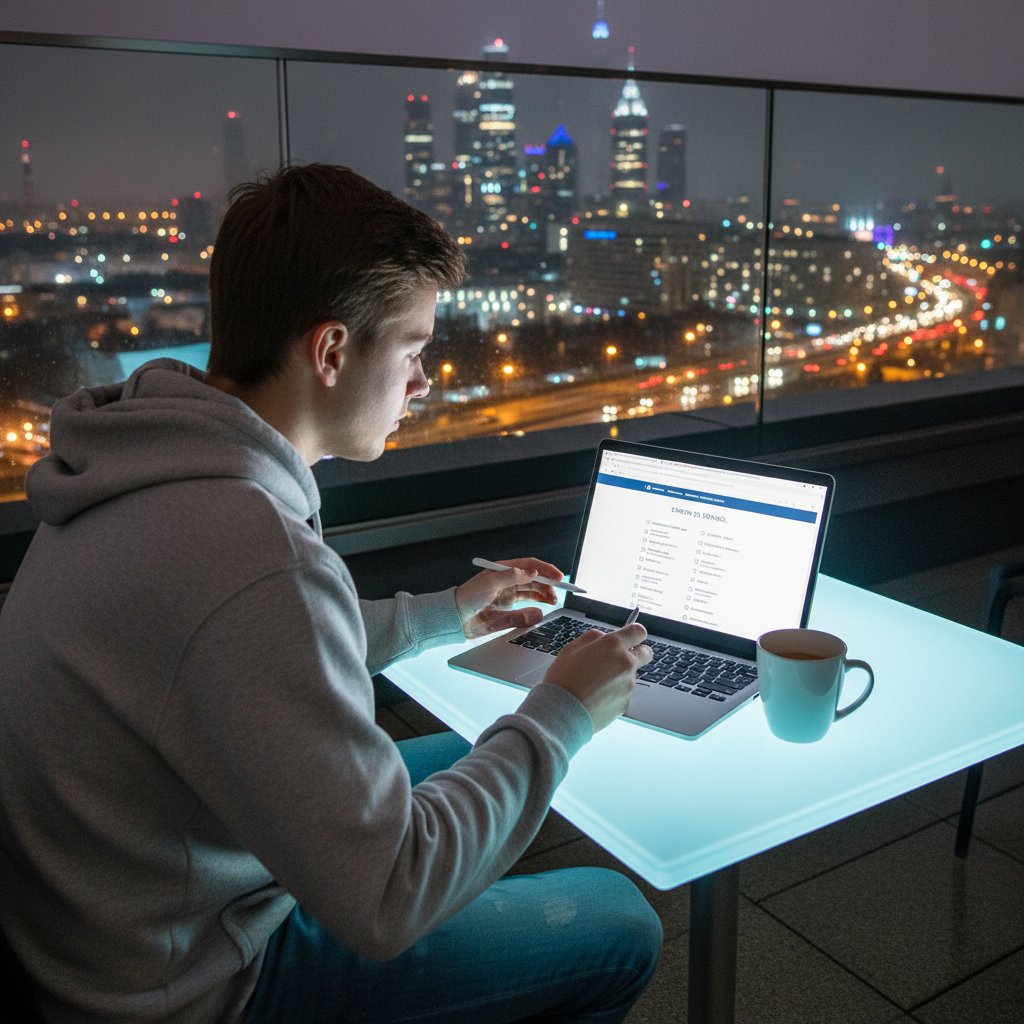 Osoba rozwiązująca test hiszpańskiego online, noc, światła miasta, laptop