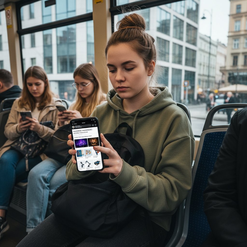 Młody Polak przeglądający wiadomości multimedialne na telefonie podczas podróży komunikacją miejską