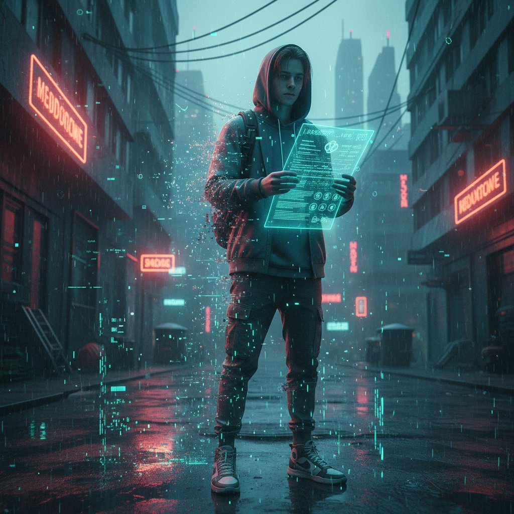 Młody Polak przeglądający smartfona z niepokojem, wokół niego fragmenty medycznych dokumentów i cyfrowe błędy; klimat miejski, temat: rzetelne informacje o chorobach