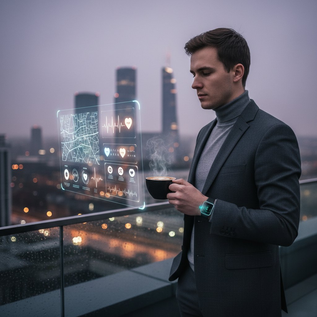 Młody Polak z opaską do pomiaru stresu i kawą, stojący przy ścianie z pęknięciami