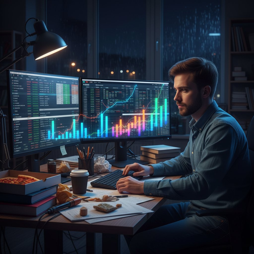 Młody analityk pracujący nocą przy komputerze z danymi ekonomicznymi, statystyka ekonomiczna online