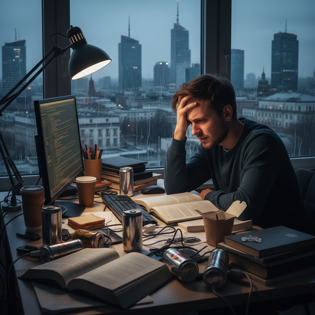 Młody Polak w biurze przy biurku, wyraźnie zestresowany, stres objawy codzienne