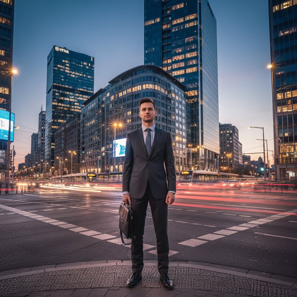 Młody profesjonalista na rozdrożu, symbole zmian na rynku pracy, światła miasta