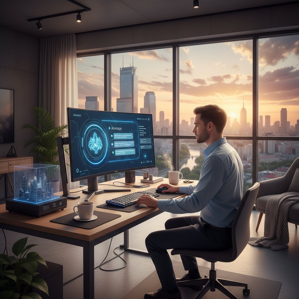 Poranny chaos cyfrowy przy biurku pełnym ekranów i aplikacji do planowania