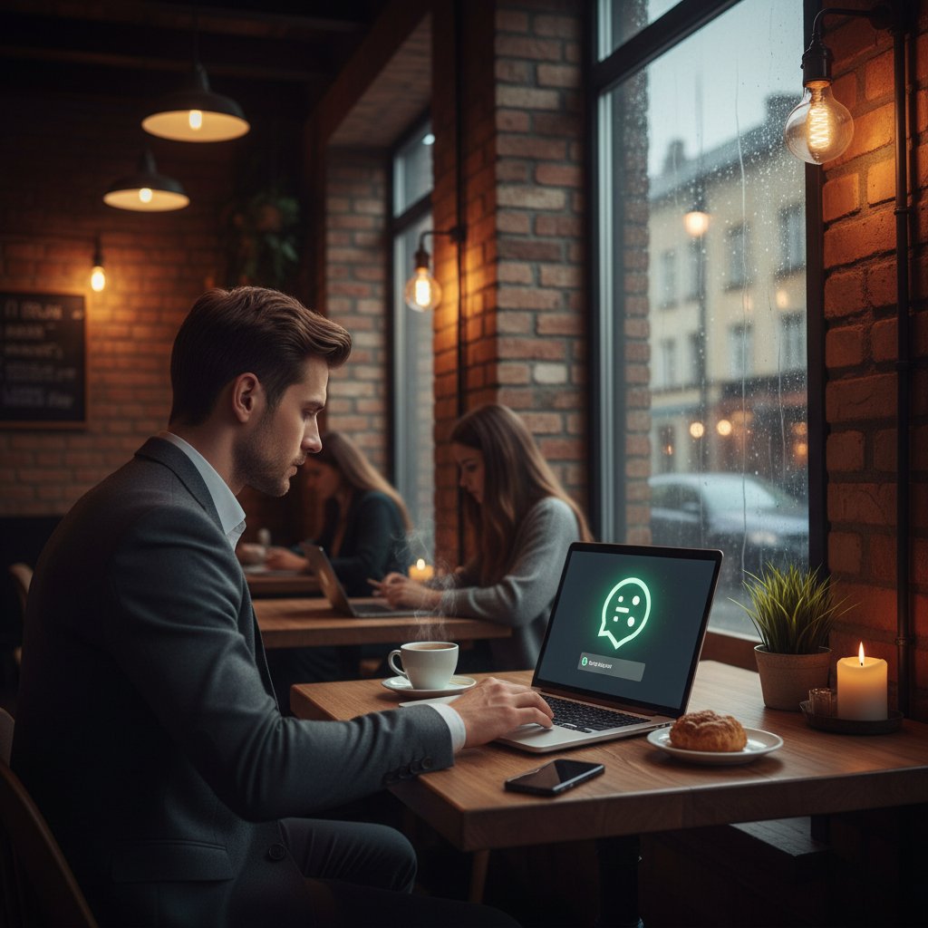 Młody Polak korzystający z ChatGPT przy laptopie w kawiarni