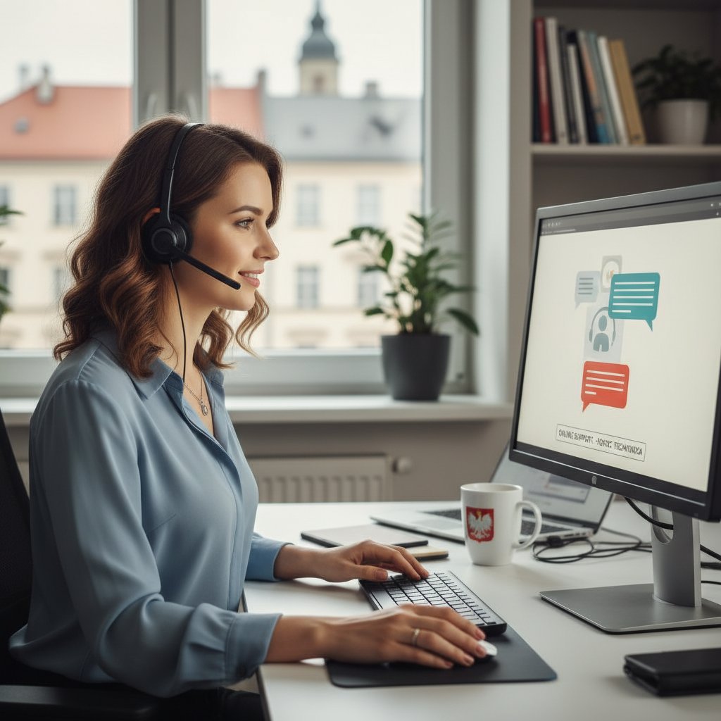 Młody Polak zestresowany w pracy korzysta z pomocy online