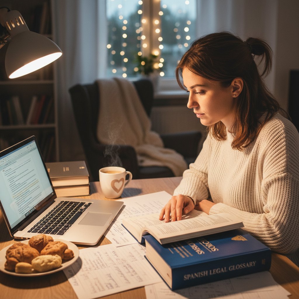 Polski profesjonalista uczący się hiszpańskiego prawniczego online w domu, otoczony notatkami i ekranem z glosariuszem