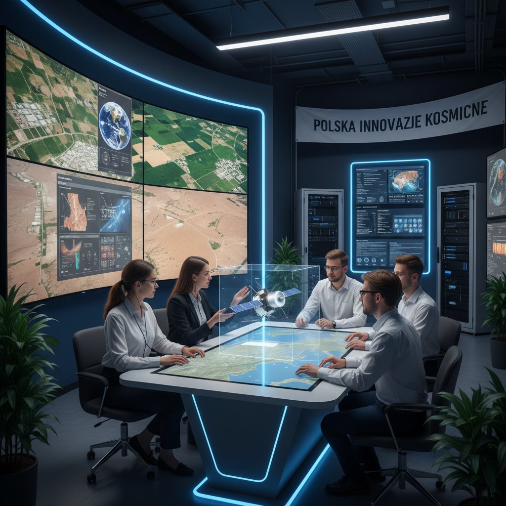 Młodzi polscy naukowcy analizują obrazy satelitarne na dużym ekranie w laboratorium, atmosfera innowacji