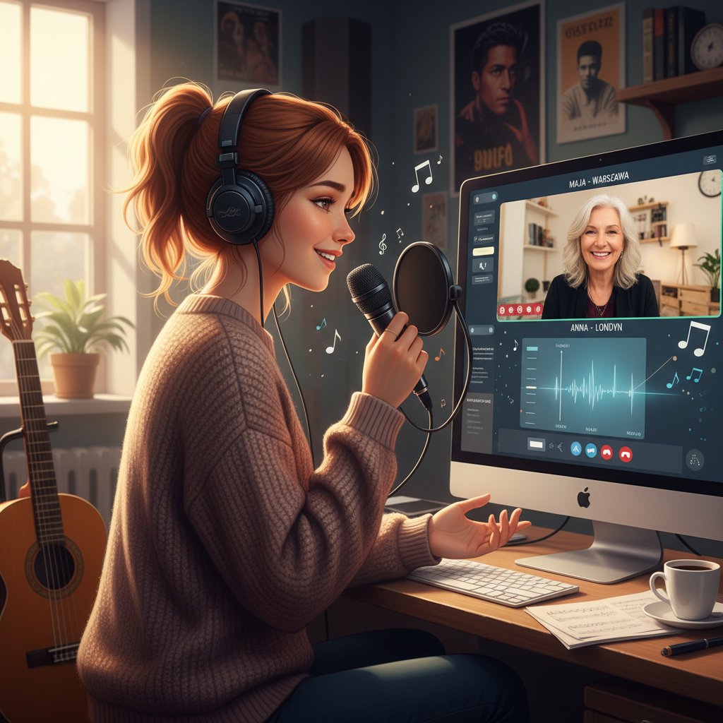 Młoda polska wokalistka podczas wideorozmowy mentoringowej