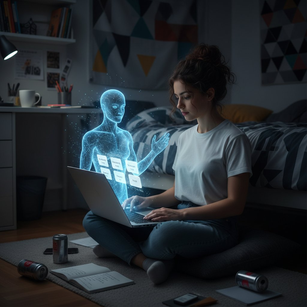 Młody polski uczeń w ciemnym pokoju, ekran laptopa rozświetla twarz, obok hologram AI i cyfrowe fiszki, atmosfera napięta, introspekcyjna