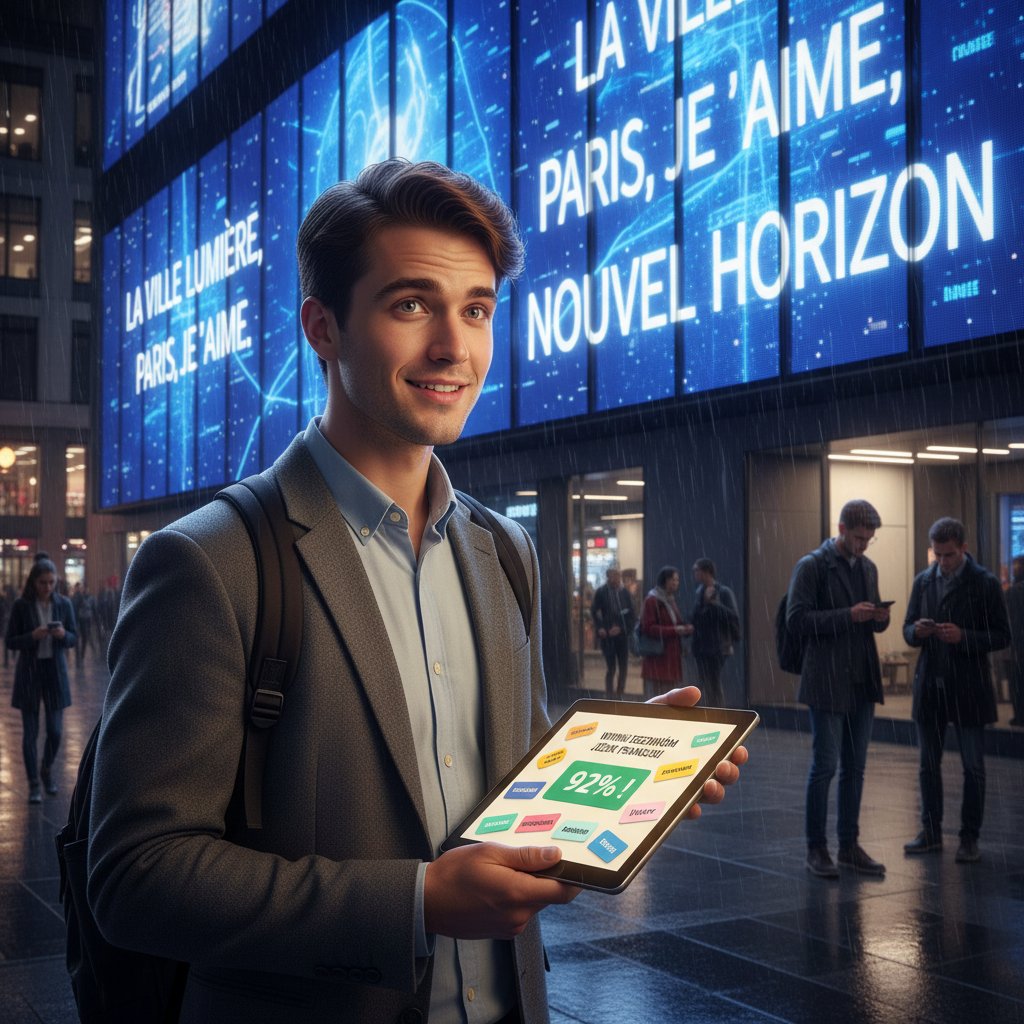 Młoda osoba uczy się francuskiego online, ekran pełen francuskich słówek i wyników egzaminu