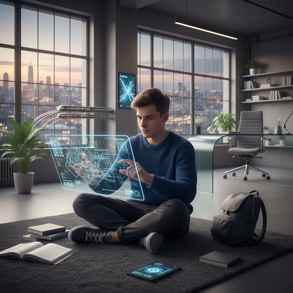 Młody uczeń z tabletem, interaktywna mapa Polski, nowoczesne wnętrze