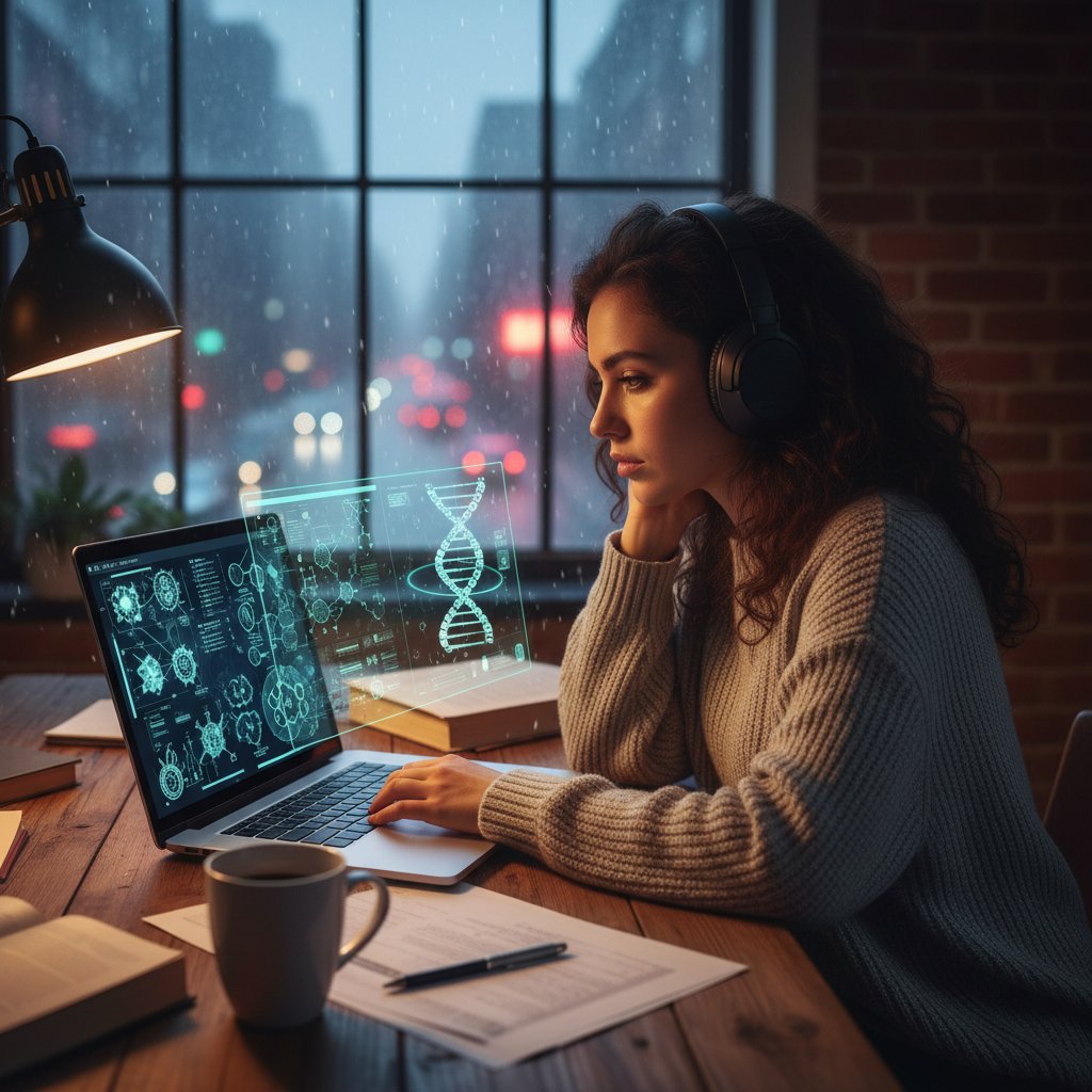 Studentka biologii medycznej online analizująca wirtualne modele DNA w ciemnym, miejskim otoczeniu, komputer i cyfrowe diagramy
