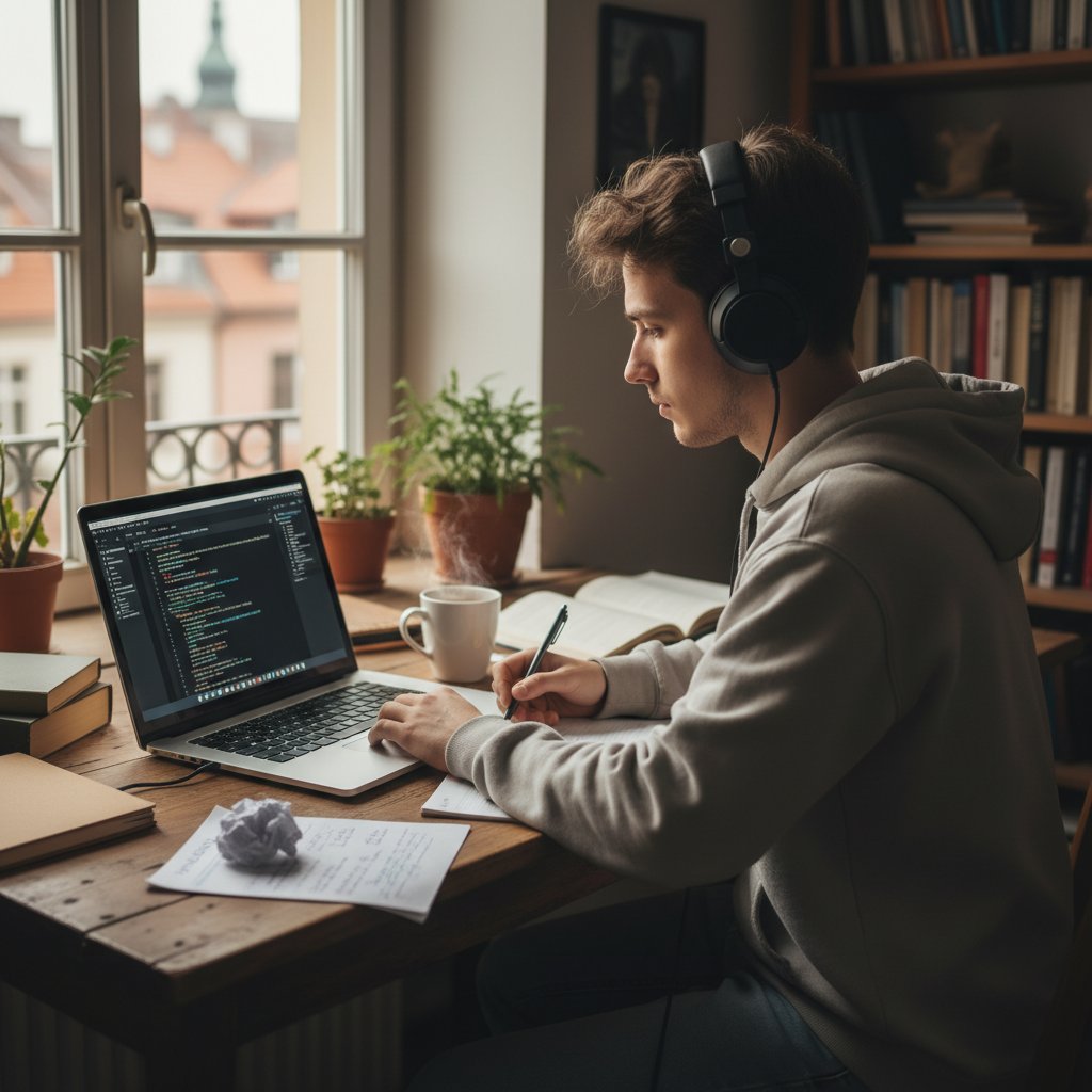 Młody uczeń w słuchawkach przy laptopie, uczący się składni na platformie online