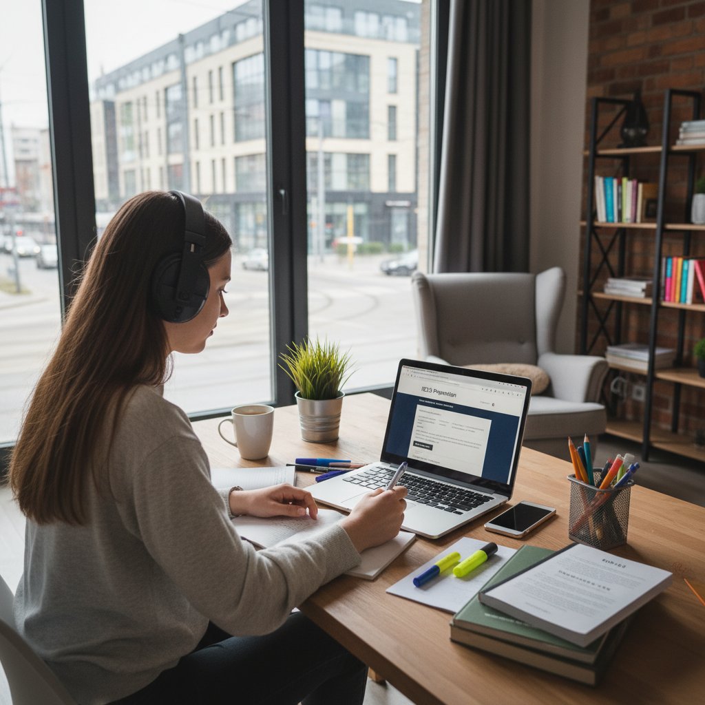 Młoda Polka w słuchawkach uczy się do IELTS online w miejskim pokoju, notatki i cyfrowe ikony wokół laptopa