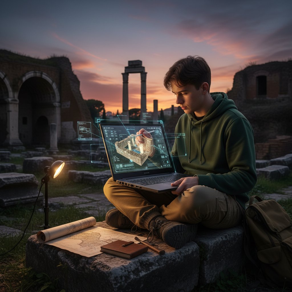 Student przy laptopie na tle ruin, archeologia online korepetycje, nowoczesność spotyka historię