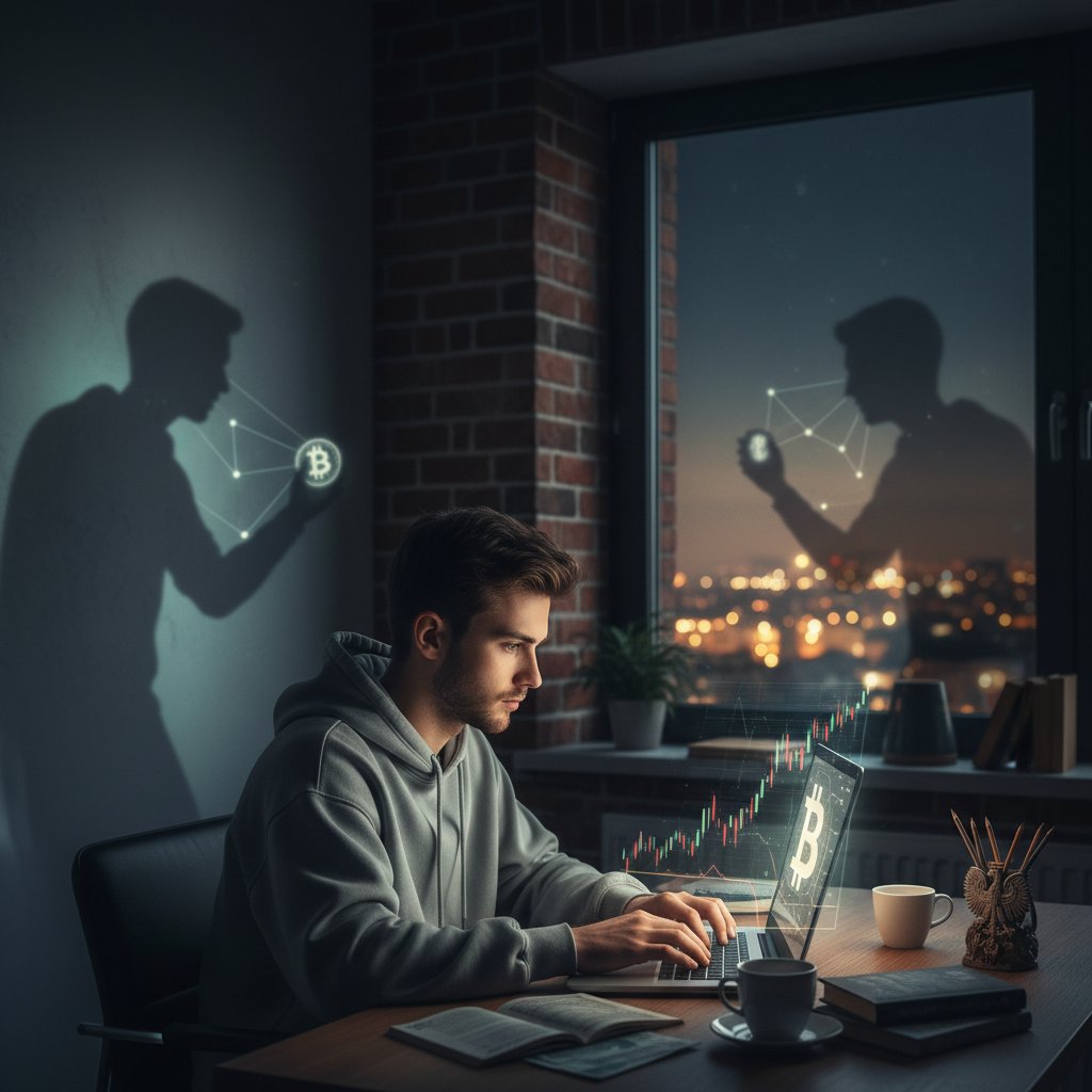 Młody Polak korzystający z laptopa nocą, ekran z symbolem Bitcoina, półmrok, klimat niepewności