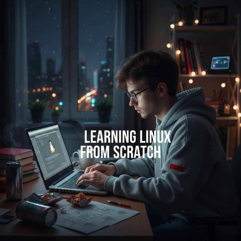 Student uczy się Linuxa online nocą, przy komputerze, widok na miasto, atmosfera odkrywania