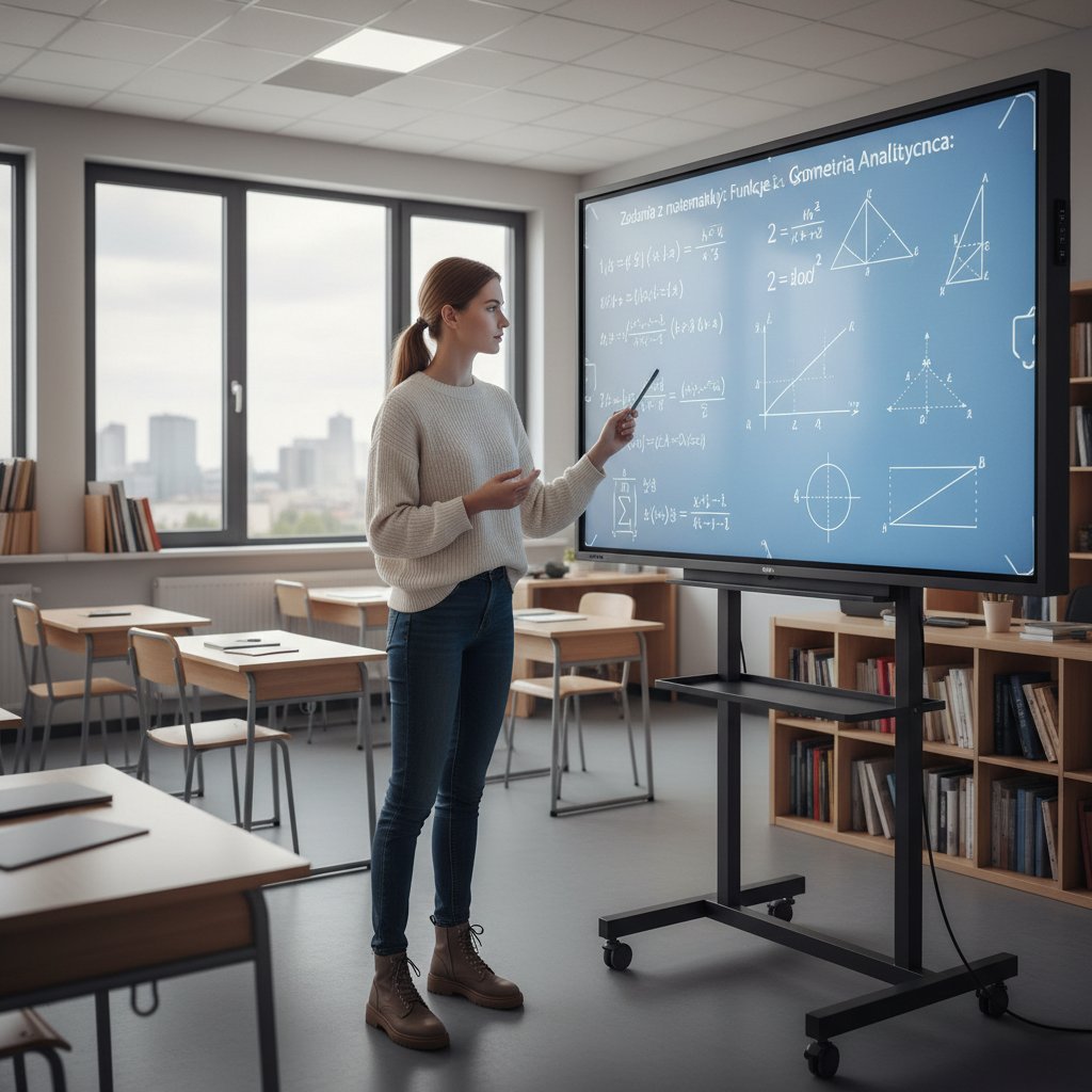 Nauczycielka prowadzi lekcję matematyki online w polskiej szkole, nowoczesna tablica