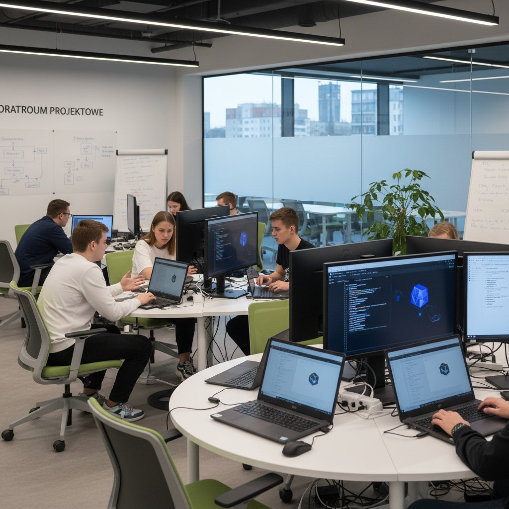 Zespół młodych Polaków przy komputerach, praca projektowa online, nowoczesne technologie edukacyjne