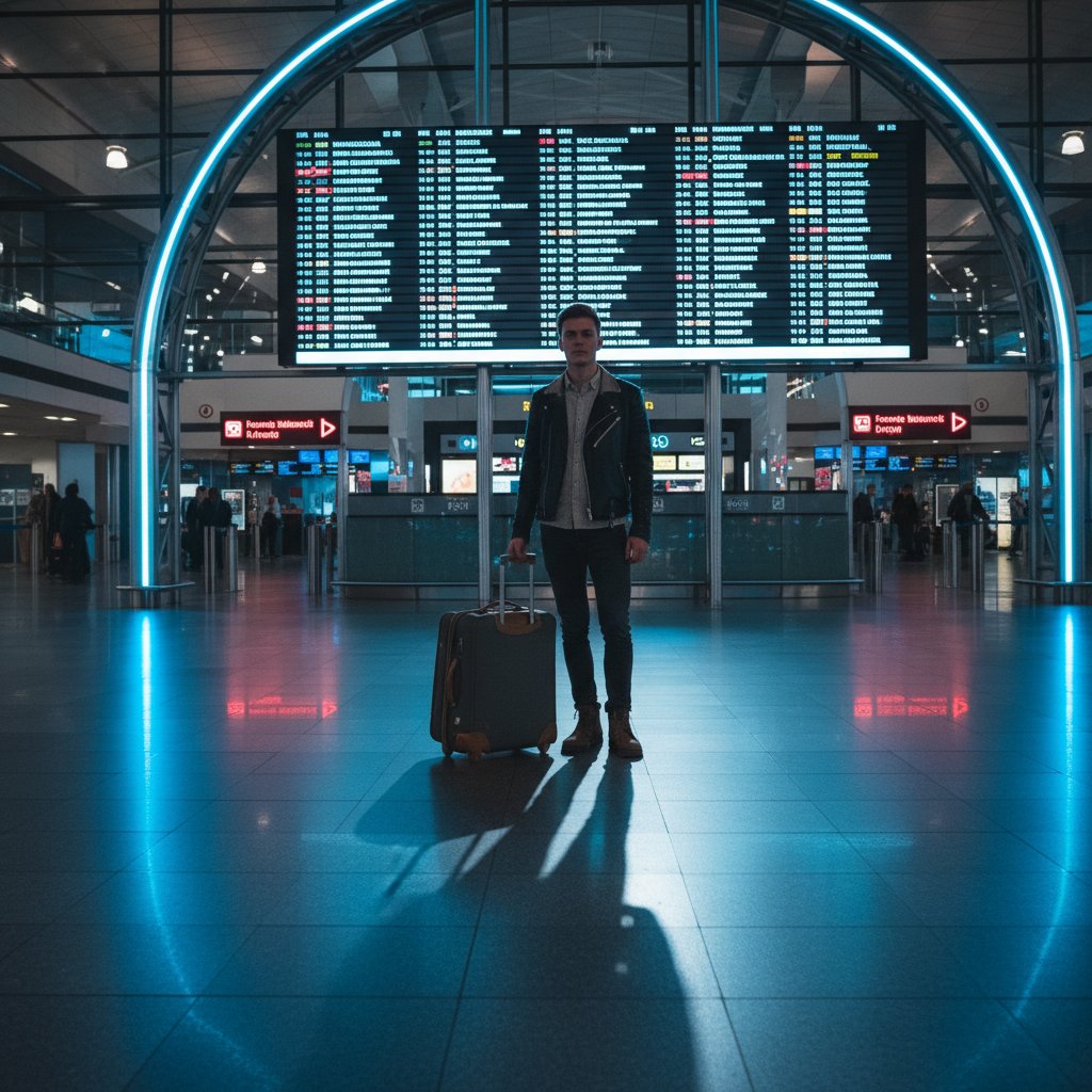 Młody Polak z walizką patrzący na tablicę odlotów, symbolizujący wybór między finansowaniem a marzeniami o podróży