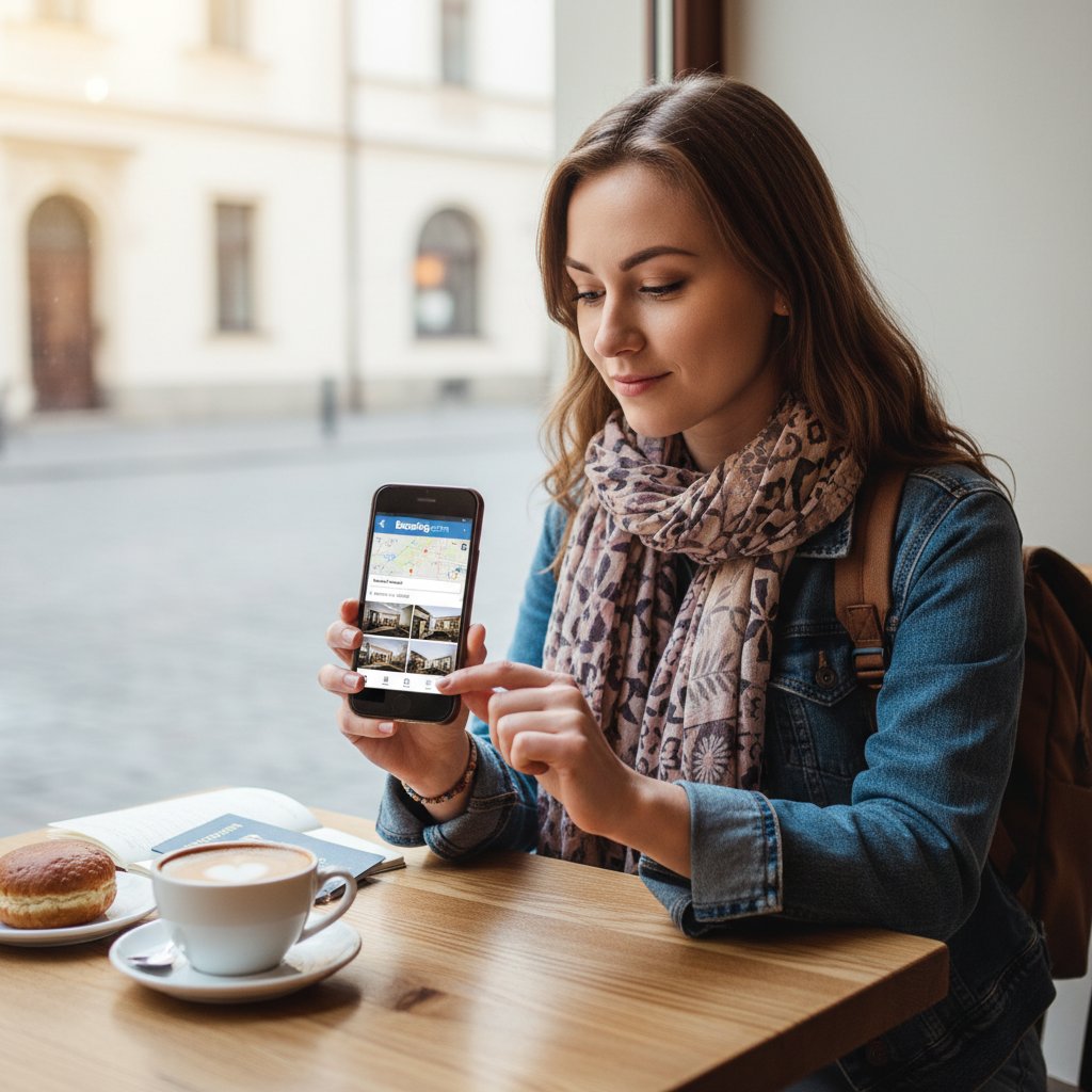 Młody podróżnik rezerwujący nocleg w aplikacji agoda polska