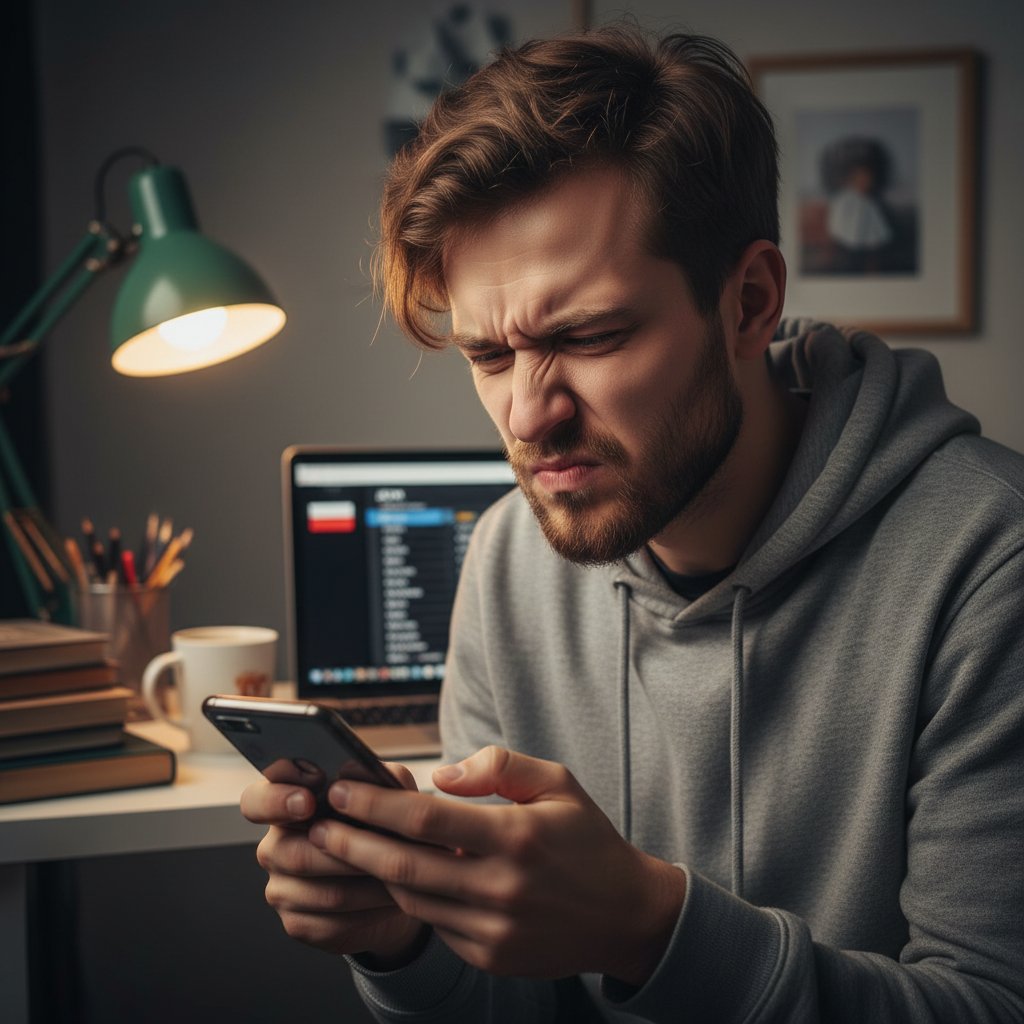 Młody polski użytkownik zmieniający ustawienia języka w telefonie, zrezygnowany wyraz twarzy