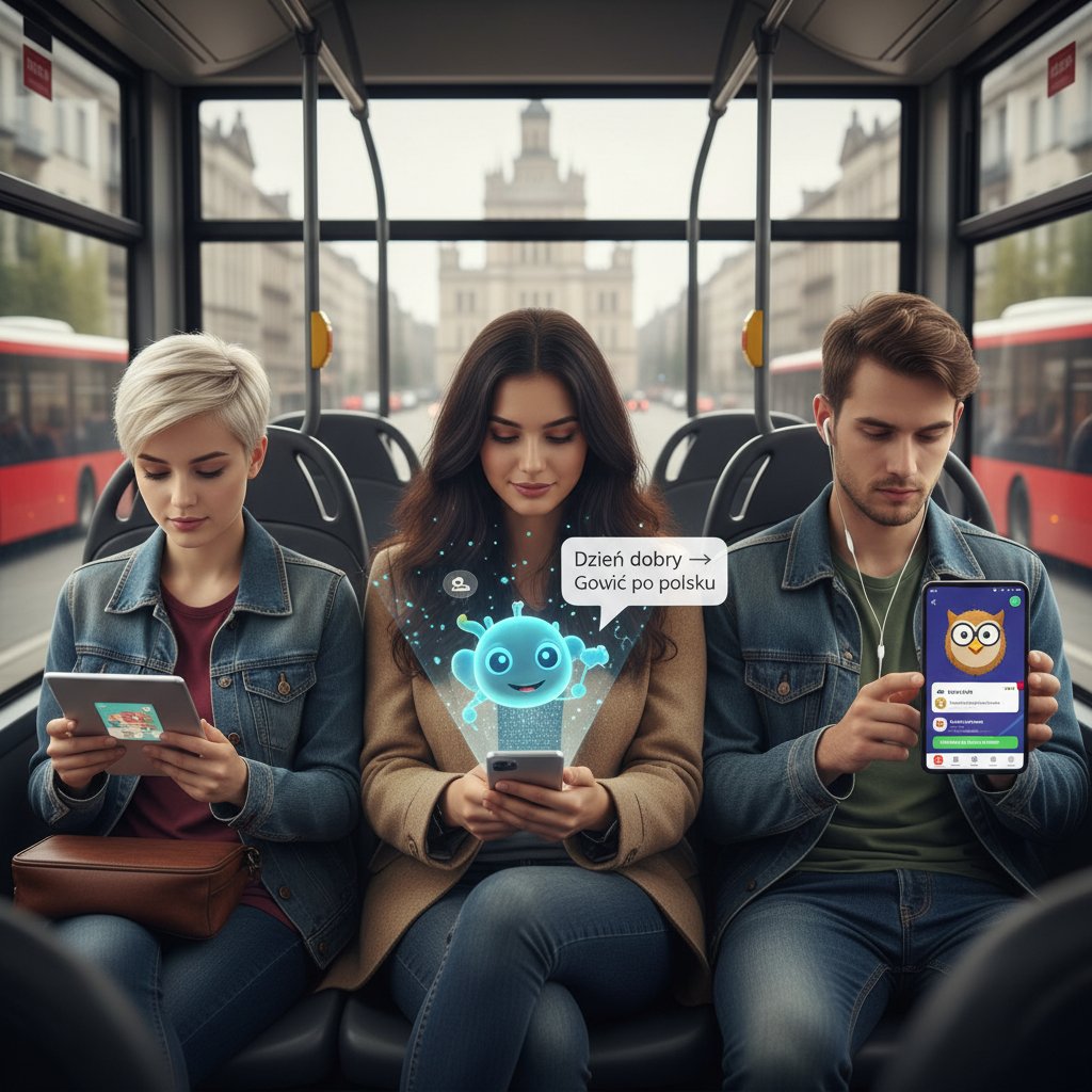 Młodzi Polacy korzystający z postaci AI podczas podróży komunikacją miejską, smartfony, rozbawione twarze