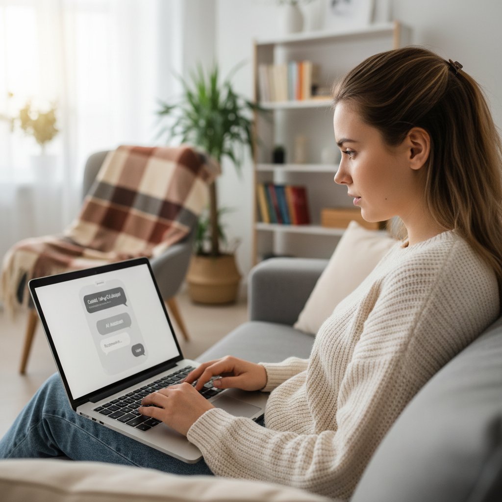 Młoda Polka rozmawiająca z AI na laptopie, scenariusz domowy, atmosfera skupienia i refleksji