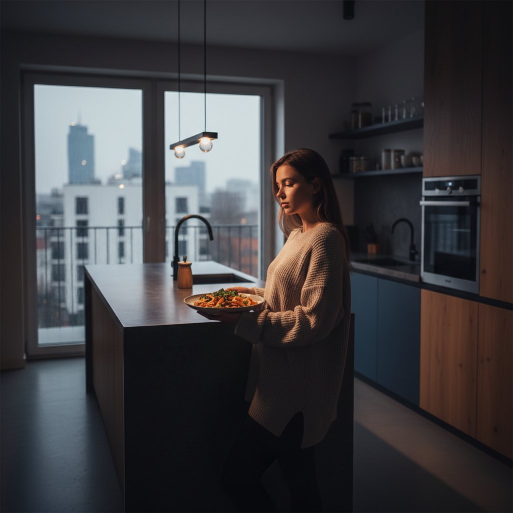 Młoda kobieta z Warszawy przy stole z jedzeniem bez alergenów, spojrzenie pełne determinacji – dieta eliminacyjna w praktyce