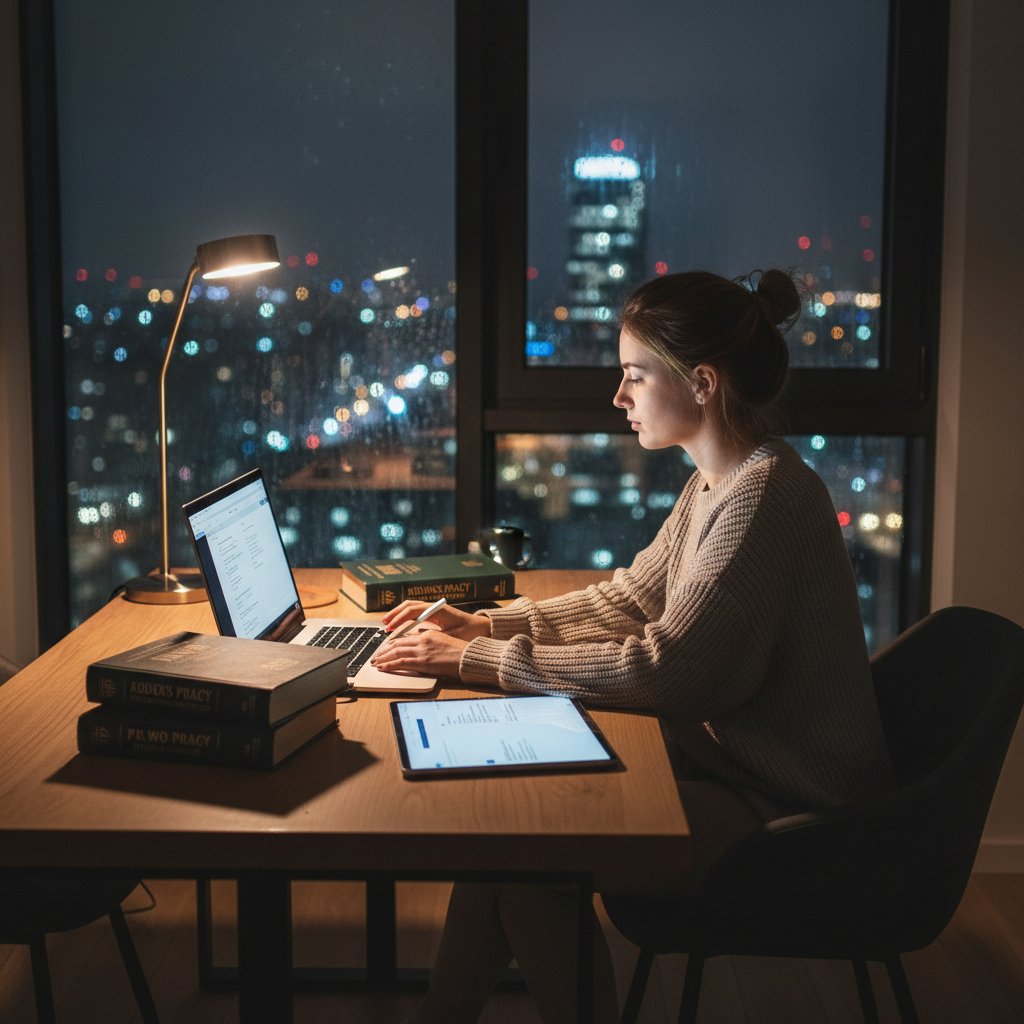 Studentka korzystająca z laptopa podczas korepetycji z prawa pracy online, notatki na biurku, miasto nocą za oknem