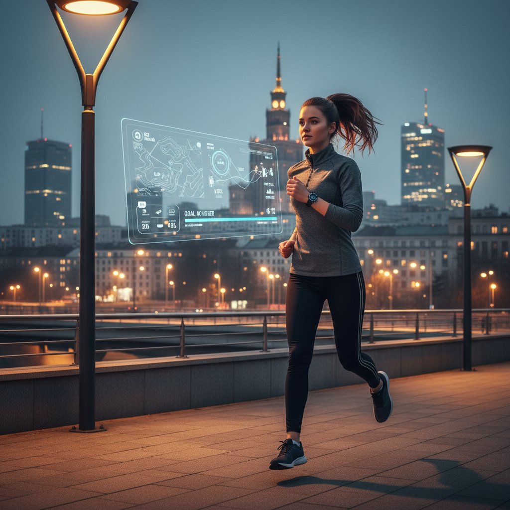 Trenująca kobieta z zegarkiem fitness na tle wieczornego nieba Warszawy