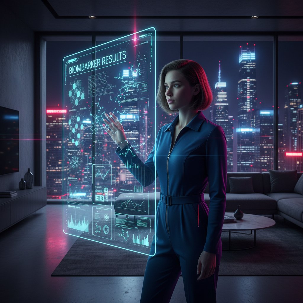 Młoda kobieta analizująca wyniki biomarkerów na ekranie w warszawskim apartamencie, noc, wyraziste światło, biomarkery zdrowie