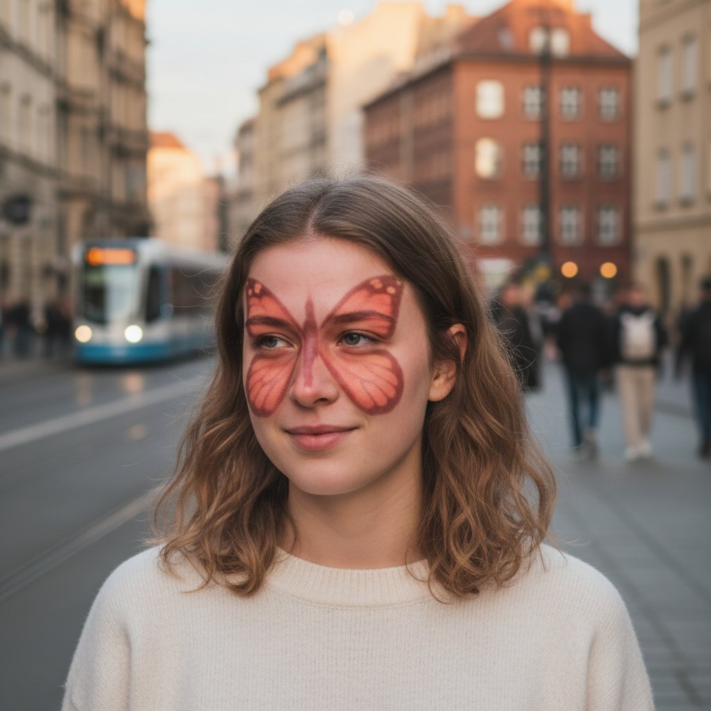 Młoda kobieta z delikatnym rumieniem motylkowatym na twarzy w miejskiej scenerii, nawiązanie do objawów SLE