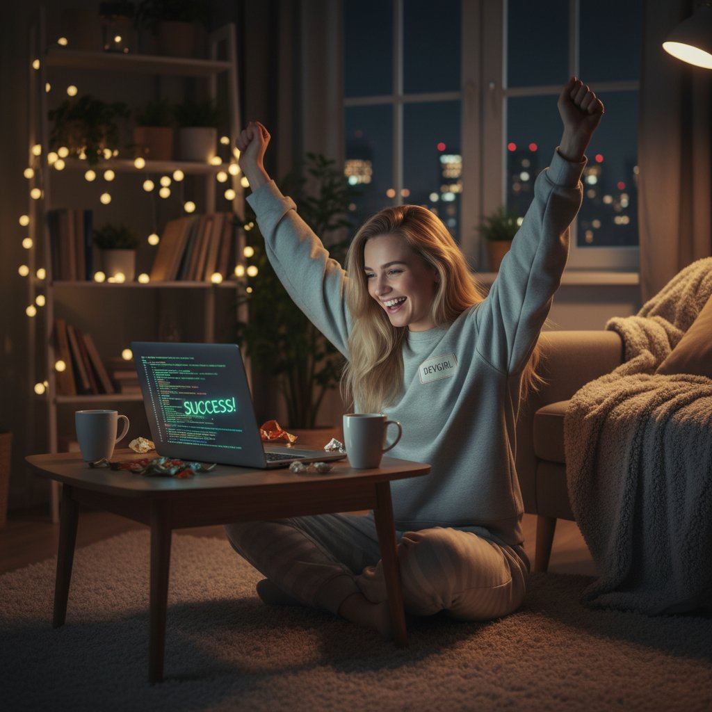 Młoda Polka świętująca sukces przy laptopie, na ekranie kod, przytulne wnętrze, noc, nadzieja w oczach