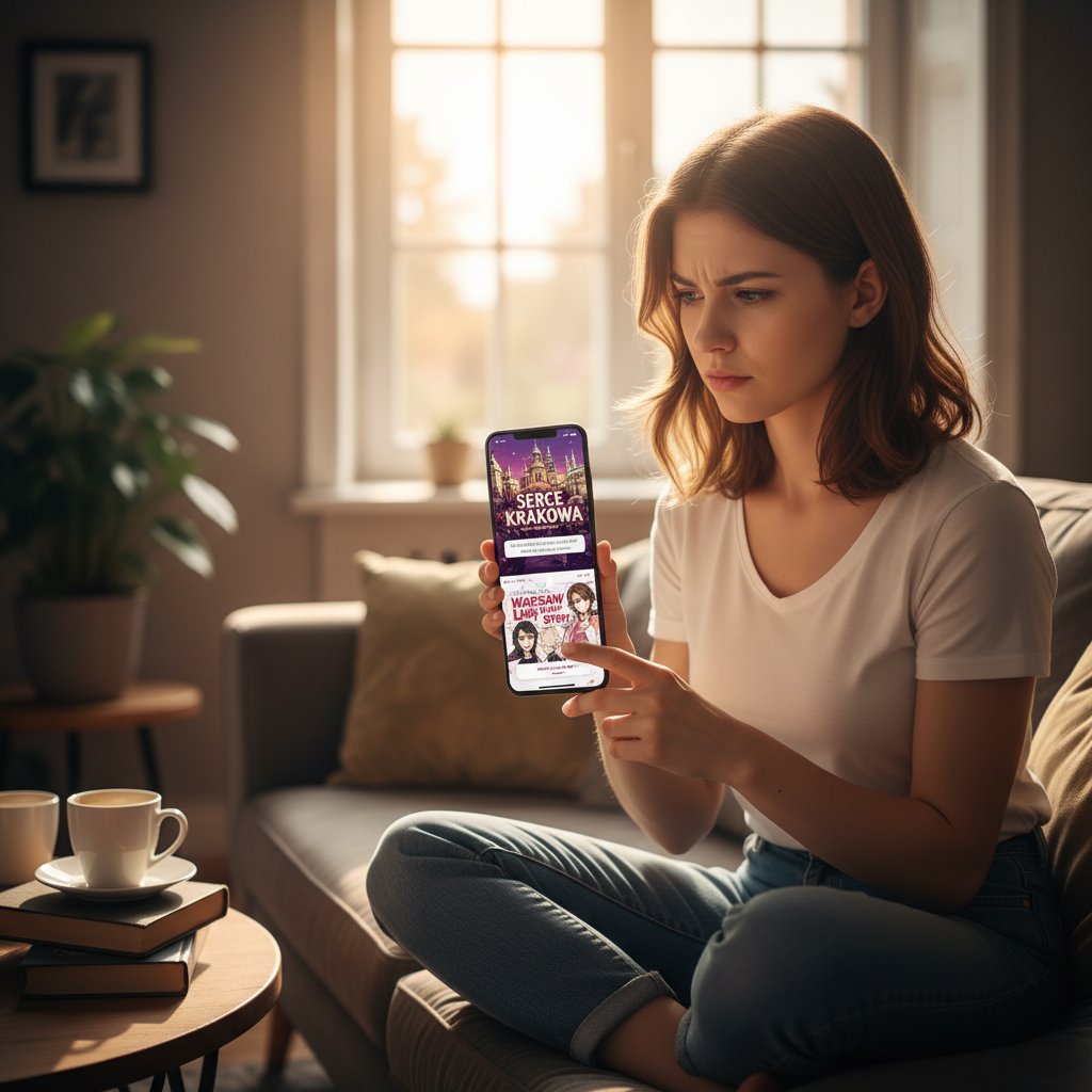 Polska młoda kobieta wybierająca aplikację symulatora randkowego na smartfonie, porównanie kilku tytułów