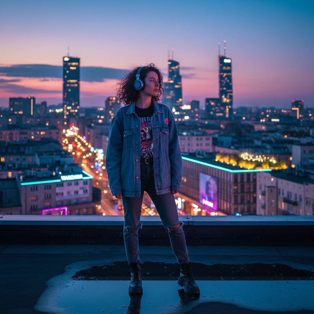 Kobieta siedząca na dachu w centrum miasta, słuchająca muzyki relaksacyjnej w słuchawkach, wieczór, neonowe światła